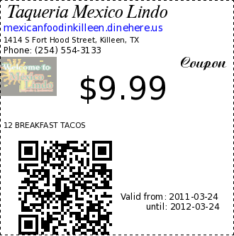 Taqueria Mexico Lindo coupon : 12 BREAKFAST TACOSONLY TWO ITEM PER ORDER. X ITEM  25c